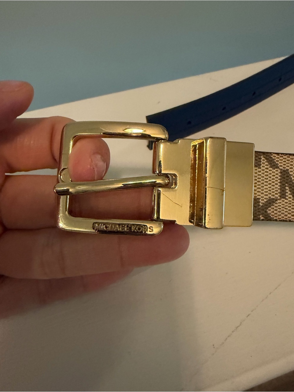 Michael Kors Monogram Reversible Belt in Blue with Gold Buckle